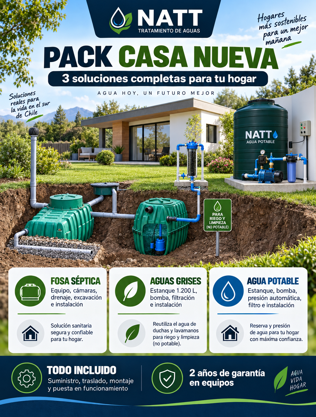 Pack Casa Nueva NATT con fosa séptica, recuperador de aguas grises y estanque de agua potable