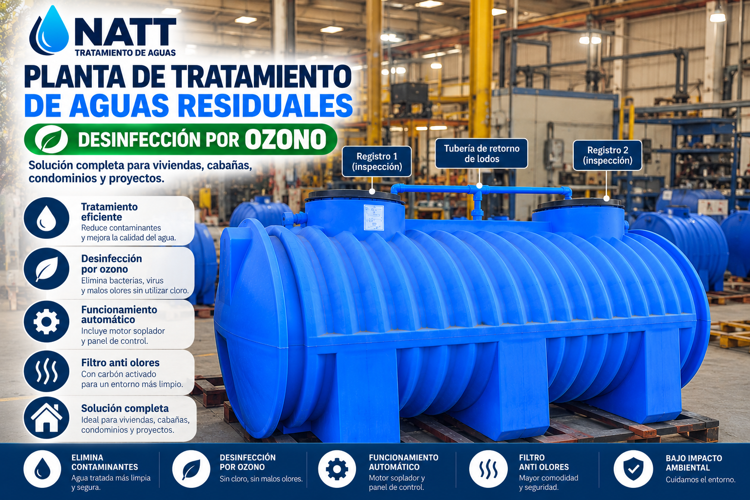 Planta de tratamiento de aguas negras NATT con desinfección mediante ozono